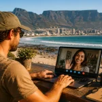 Remote worker using stranger video chat on a beachside laptop in Cape Town with ocean views and Table Mountain behind him