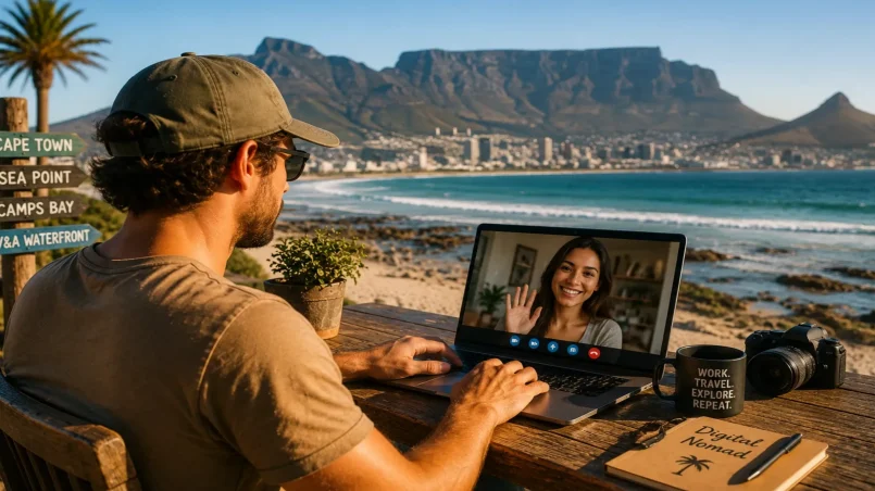 Remote worker using stranger video chat on a beachside laptop in Cape Town with ocean views and Table Mountain behind him