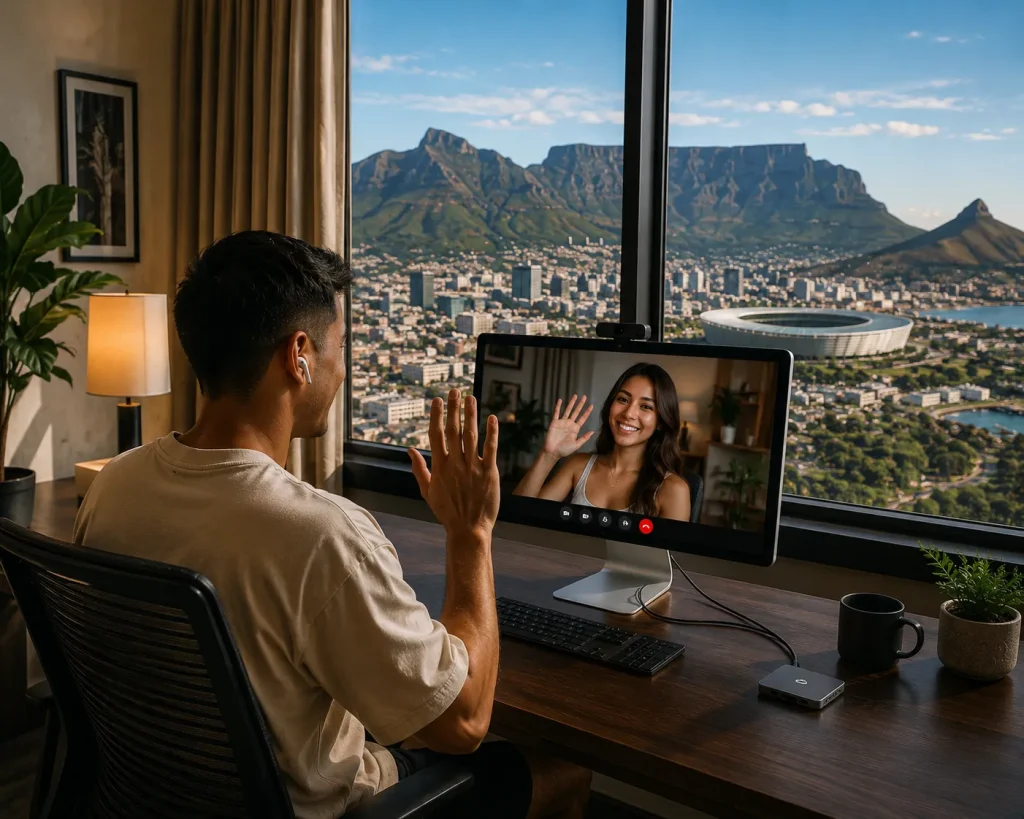 Digital nomad using stranger video chat on a desktop computer in a Cape Town hotel room overlooking Table Mountain and DHL Stadium