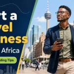 Thumbnail showing a travel entrepreneur walking through a South African city while promoting startup funding tips for starting a travel business in South Africa.