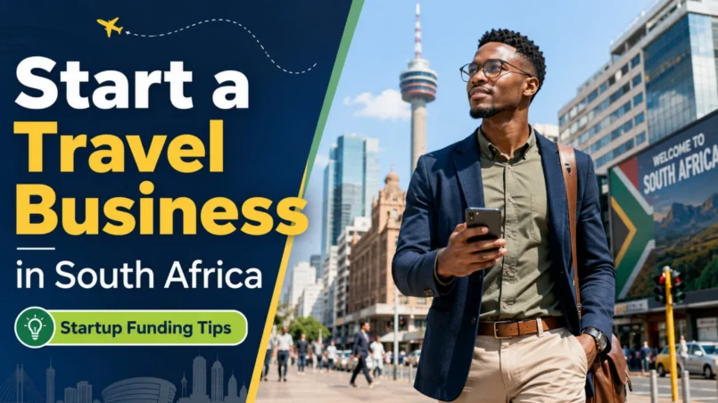 Thumbnail showing a travel entrepreneur walking through a South African city while promoting startup funding tips for starting a travel business in South Africa.